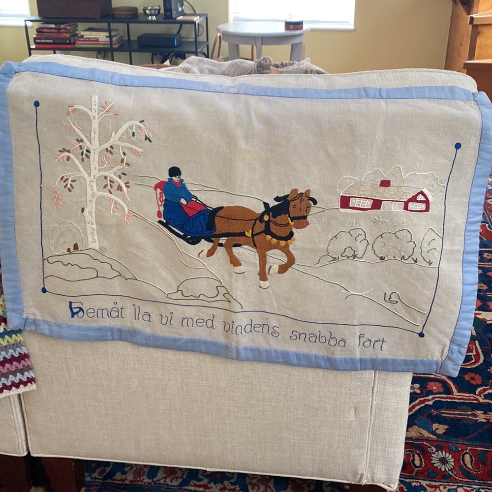 Linen Wall Hanging Table Scarf Crewel and Embroidered Textile